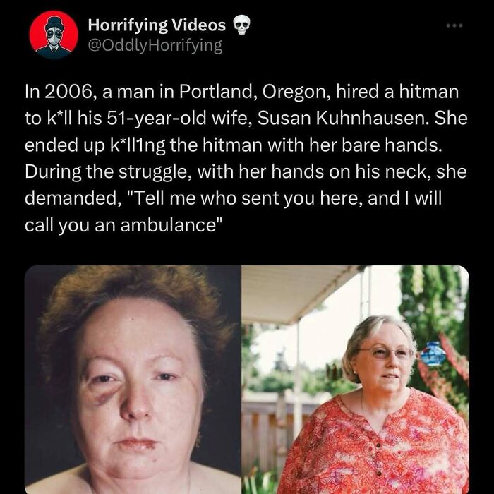 "Oddly horrifying image of a woman involved in a hitman confrontation, displaying resilience and strength."