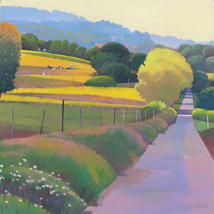 Quiet landscape painting by Susan Abbott featuring a sunlit rural road and fields.