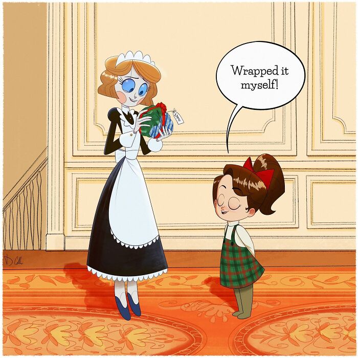 Comic scene from "Emmy The Robot" featuring a robot maid admiring a child's gift.