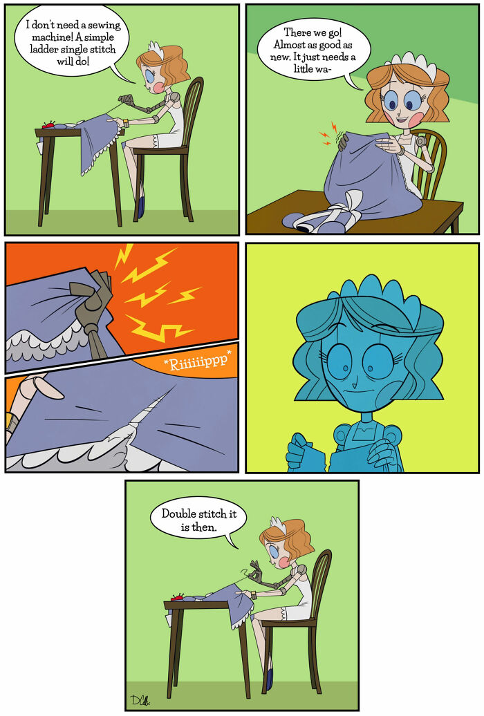 Emmy the Robot sewing a dress, humorously realizing stitching mistake, expressing surprise, then resolving to double stitch.