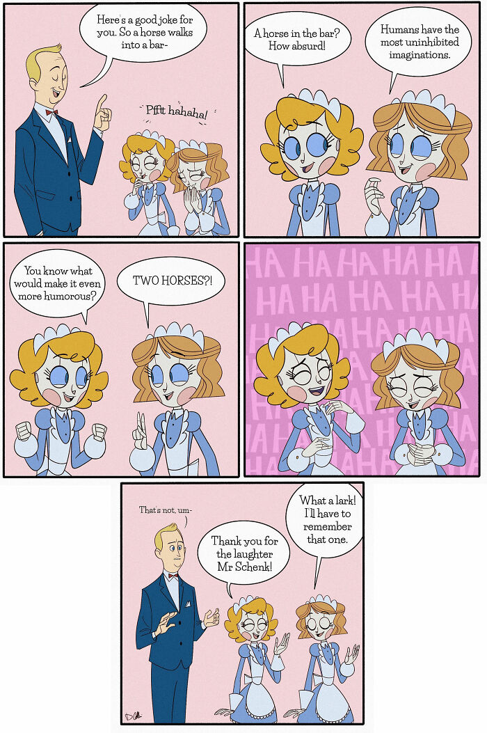 "Emmy the Robot comic by Dominic Cellini, featuring characters laughing at a humorous bar joke."