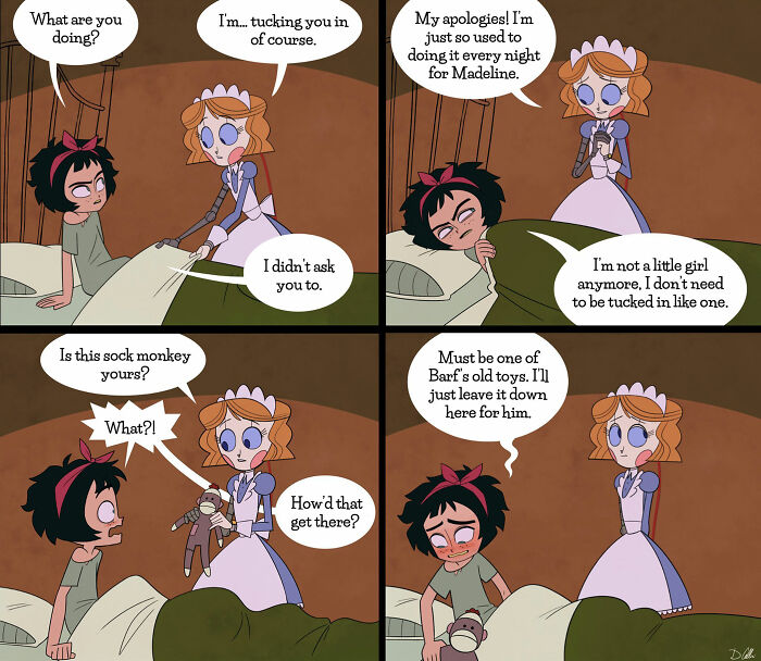 Emmy the Robot comic strip featuring a robot tucking in a reluctant child with a humorous twist involving a sock monkey toy.