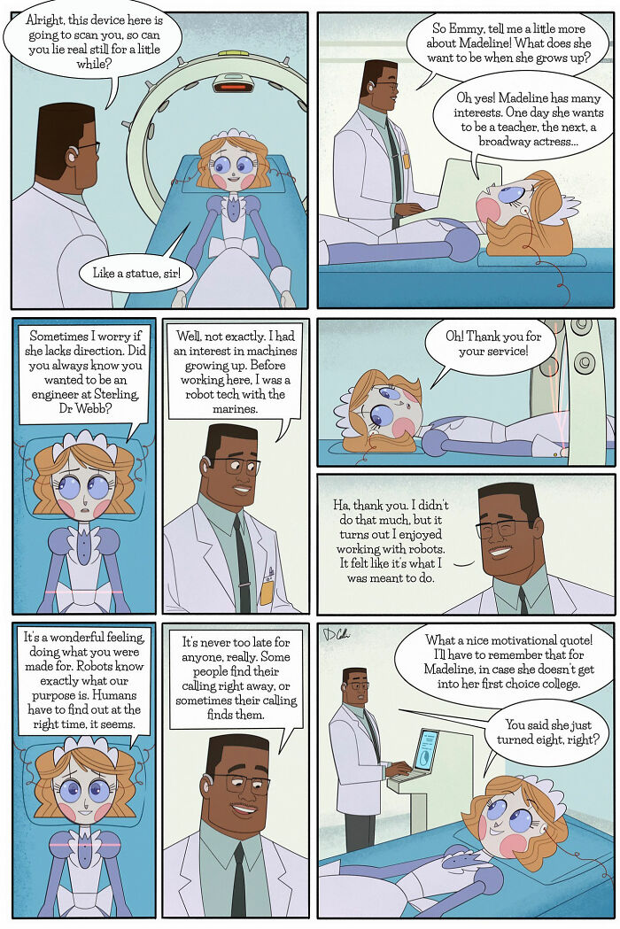 Comic strip featuring Emmy the Robot discussing future aspirations with a doctor in a humorous and heartwarming setting.