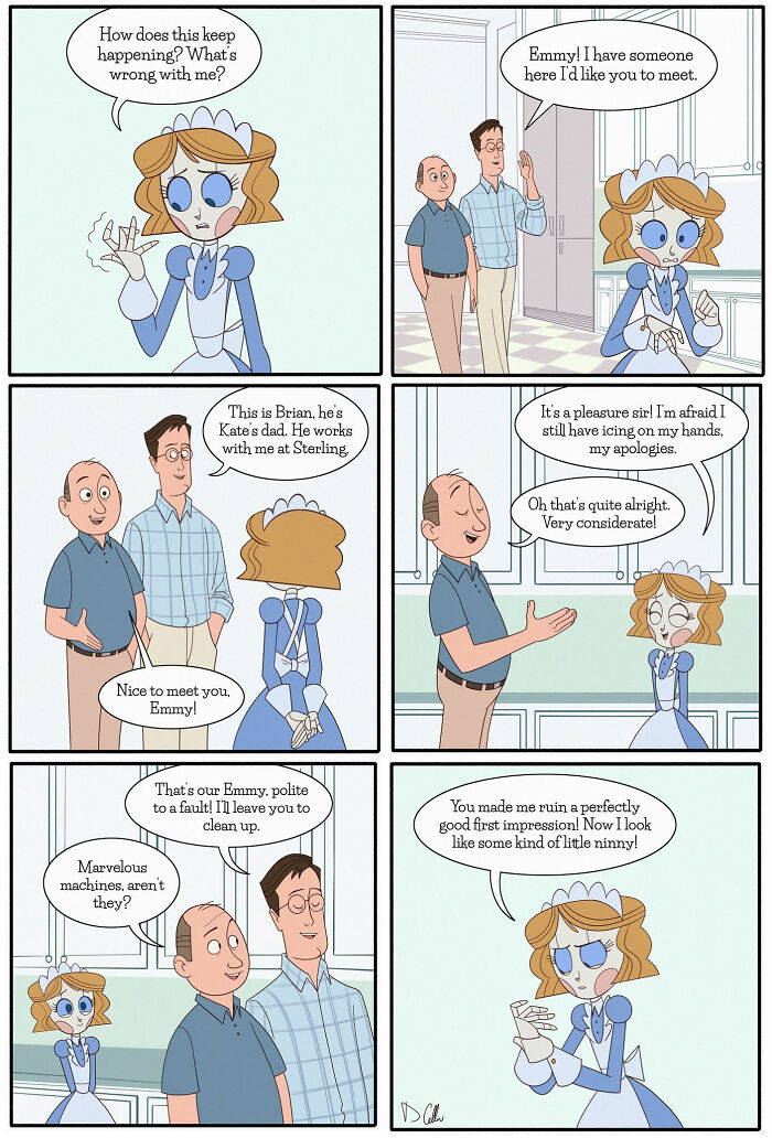 Emmy The Robot meeting new people, feeling embarrassed with icing on her hands in a humorous comic by Dominic Cellini.