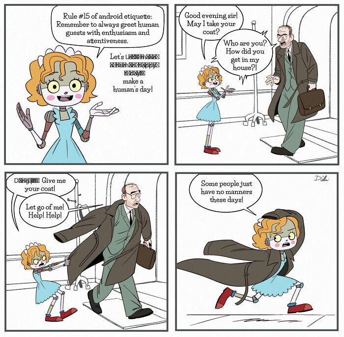 Emmy the Robot humorously misunderstands etiquette, offering to take a man's coat, causing a comedic mishap.