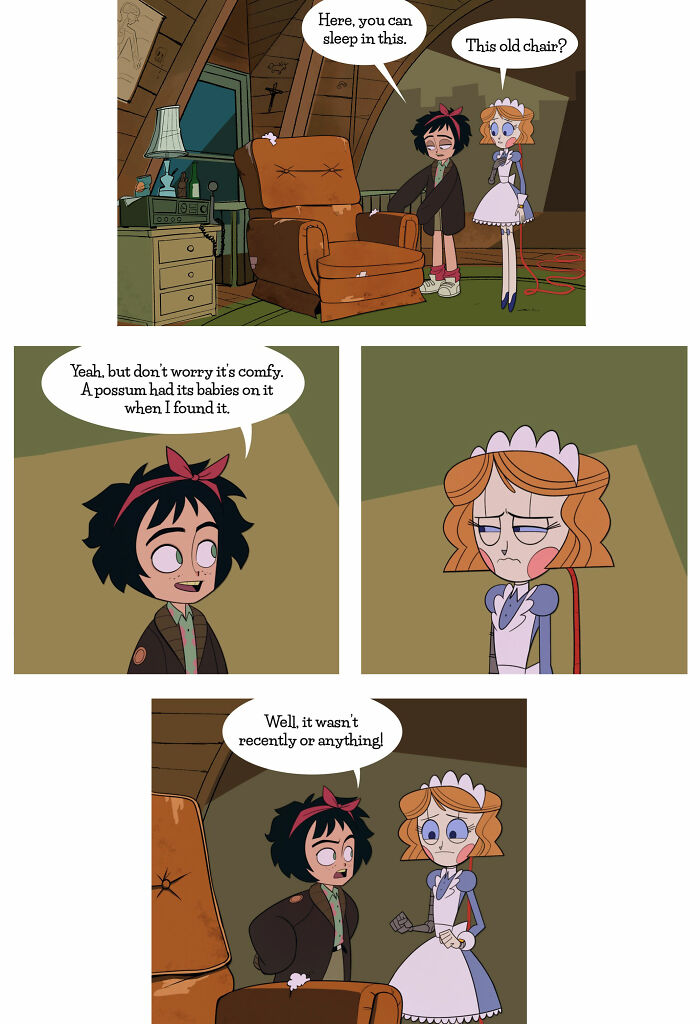 "Emmy the Robot comic scene with a humorous dialogue about an old chair and a possum."