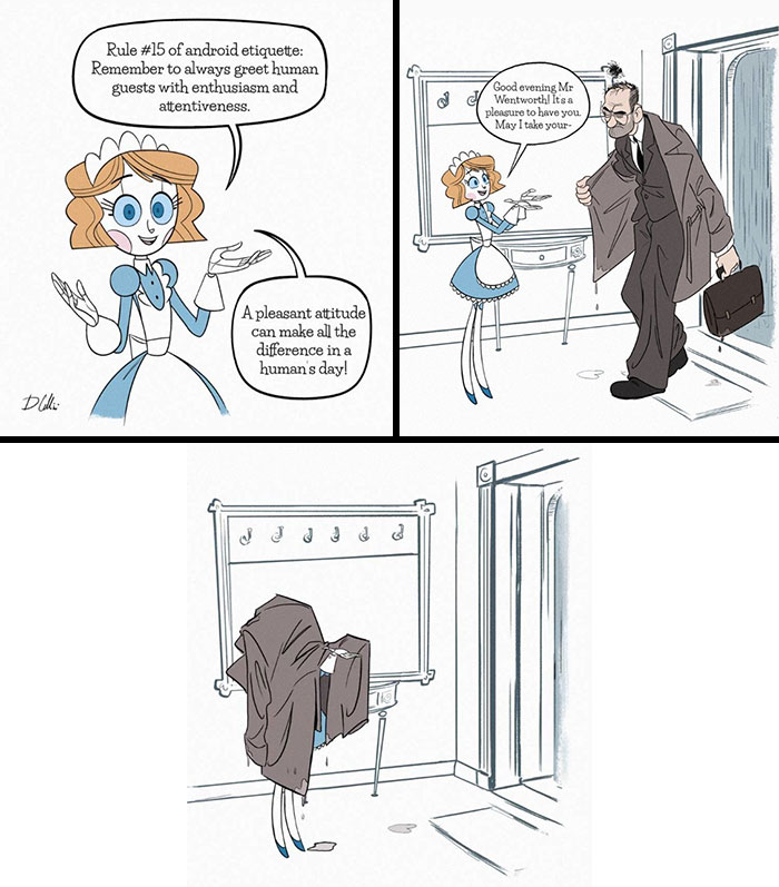 Comic from "Emmy The Robot" by Dominic Cellini depicting Emmy practicing android etiquette with a human guest.