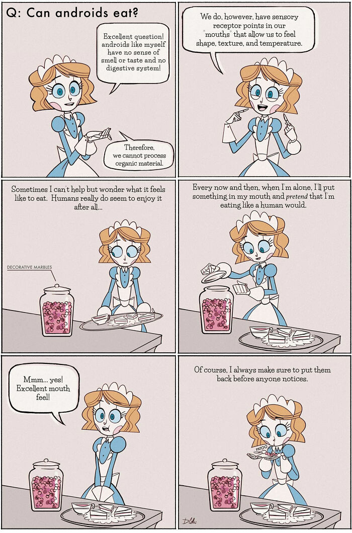 Emmy the Robot comic strip humorously explores if androids can taste food, featuring Emmy pretending to eat marbles.