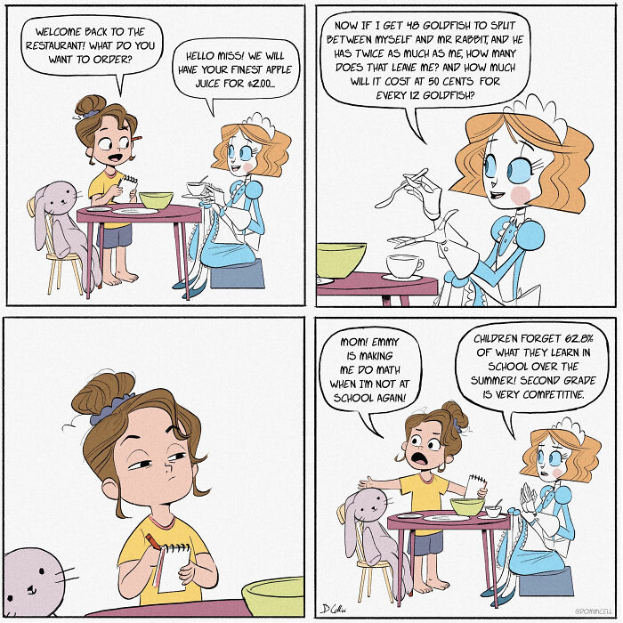 Comic featuring Emmy the Robot humorously teaching math to a child at a table with a toy rabbit.