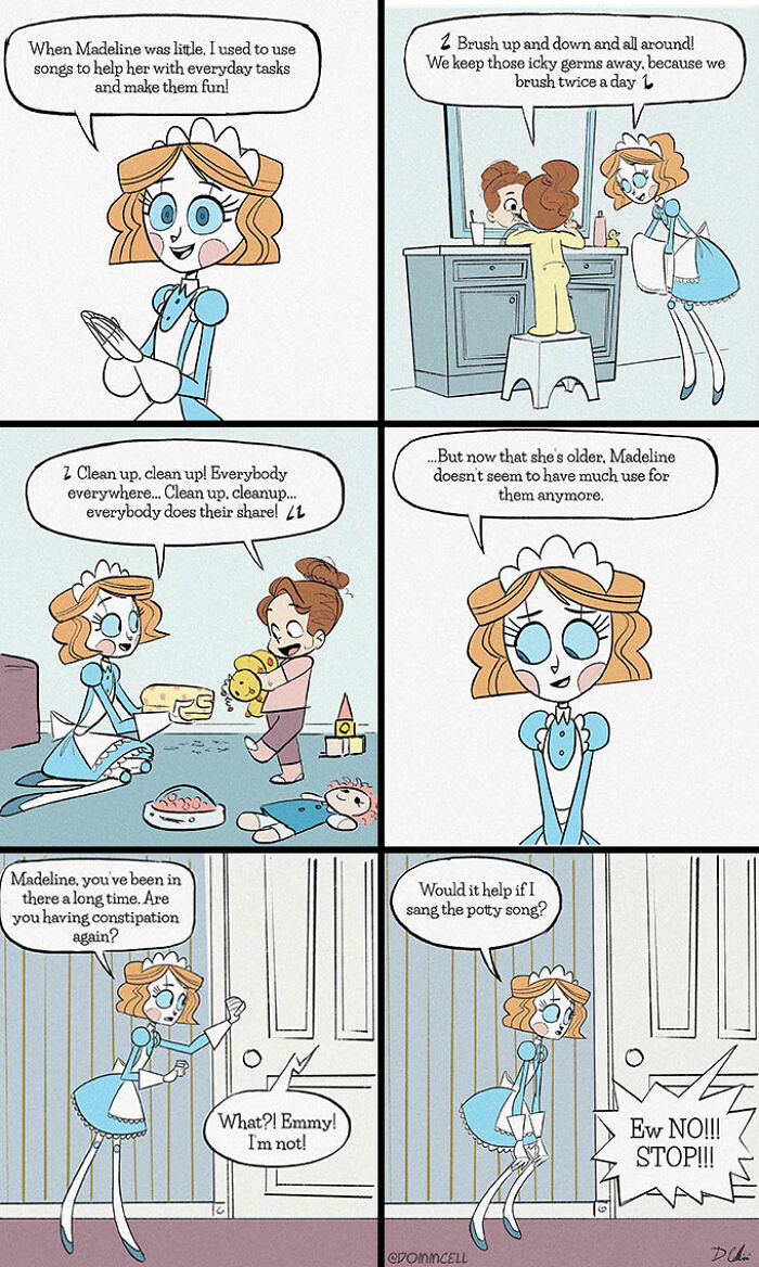 Emmy the Robot humorously sings songs to help Madeline with tasks; comic by Dominic Cellini.