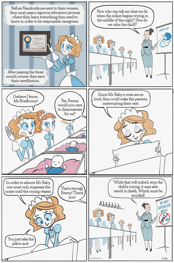 "Emmy the Robot comic strip featuring a humorous take on Nandroid caregiving education."