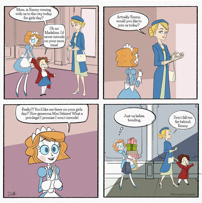 Comic of "Emmy The Robot" featuring Emmy being invited for a girls' day out. Characters discuss bonding time.