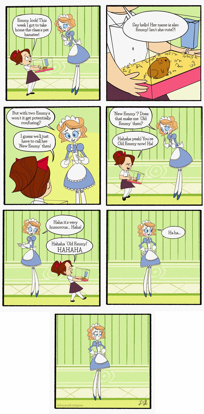 Comic of Emmy the Robot humorously interacting with a girl and her pet hamster, sharing her name.
