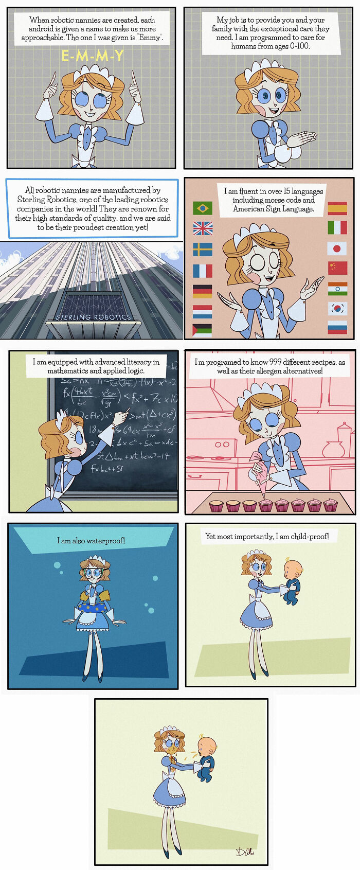 Emmy the Robot comic strip by Dominic Cellini showing a robotic nanny with various skills, including languages and childcare.