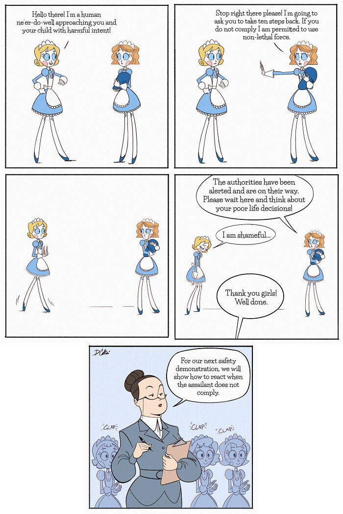 "Emmy the Robot comic panel with characters demonstrating a safety scenario featuring humorous dialogue and actions."