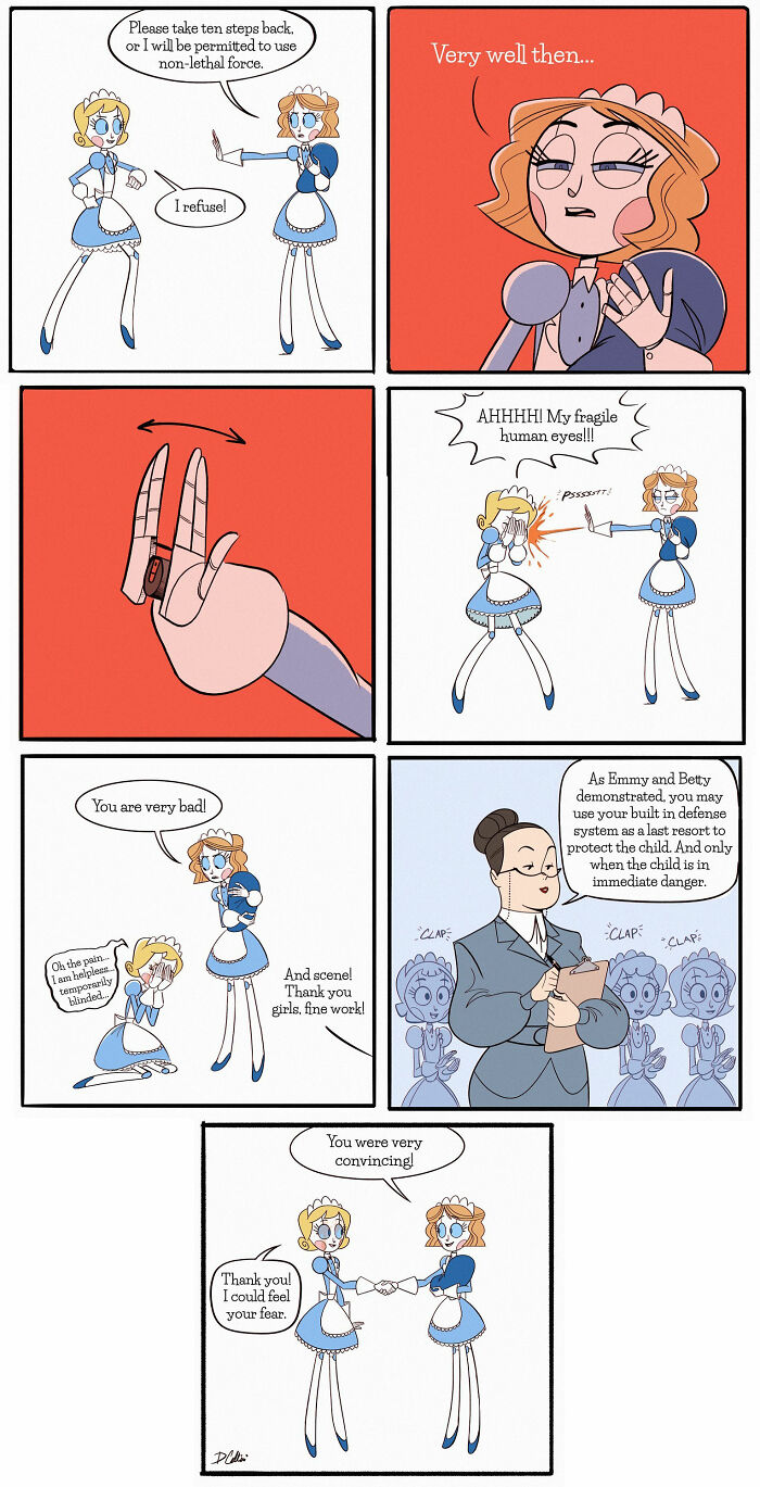 Comic scene from "Emmy The Robot" by Dominic Cellini showing humorous interactions between robotic maids during a training exercise.