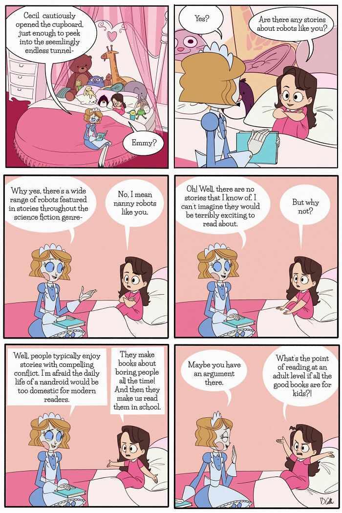 Comic featuring "Emmy the Robot" having a humorous discussion with a child about robot stories.