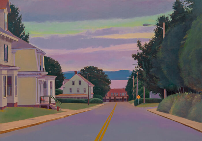 Quiet street with sunlit windows, painted by Susan Abbott, capturing a serene and tranquil atmosphere at sunset.
