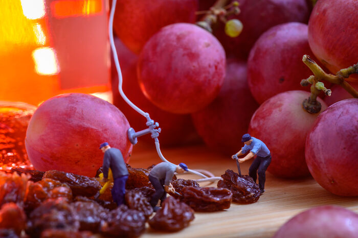 Miniatures depict tiny workers with raisins and grapes, creating a secret world scene.
