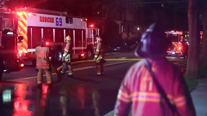 Firefighters respond at night to Pennsylvania Governor's Mansion arson investigation, rescue vehicles visible. Firefighters respond at night to Pennsylvania Governor's Mansion arson investigation, rescue vehicles visible.