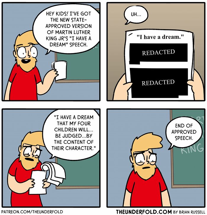 Comic of a teacher reading a redacted speech inspired by real-life events, referencing Martin Luther King Jr.’s speech.