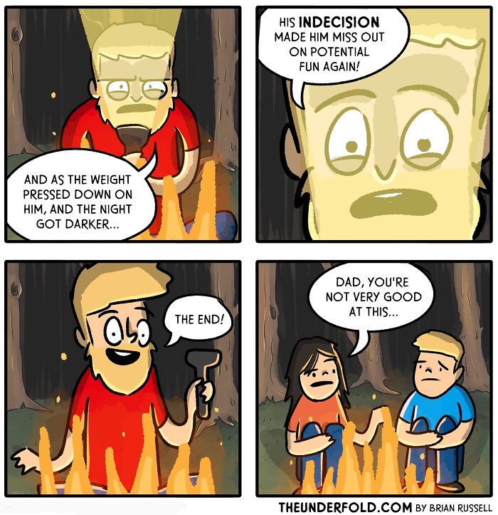 Comic strip by the artist depicting a campfire story, highlighting real-life-inspired humor and indecision.