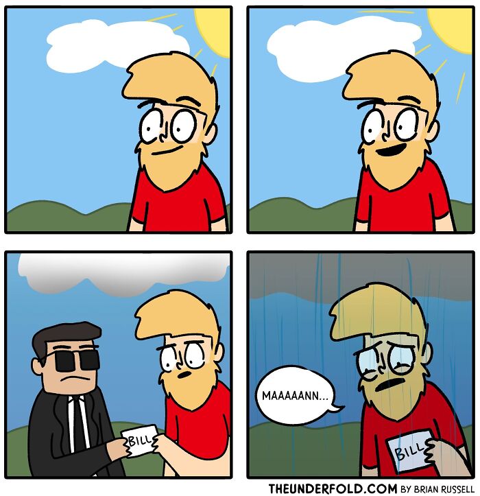 Comic strip depicting a man happily outdoors, then receiving a bill, and finally looking upset as it rains.