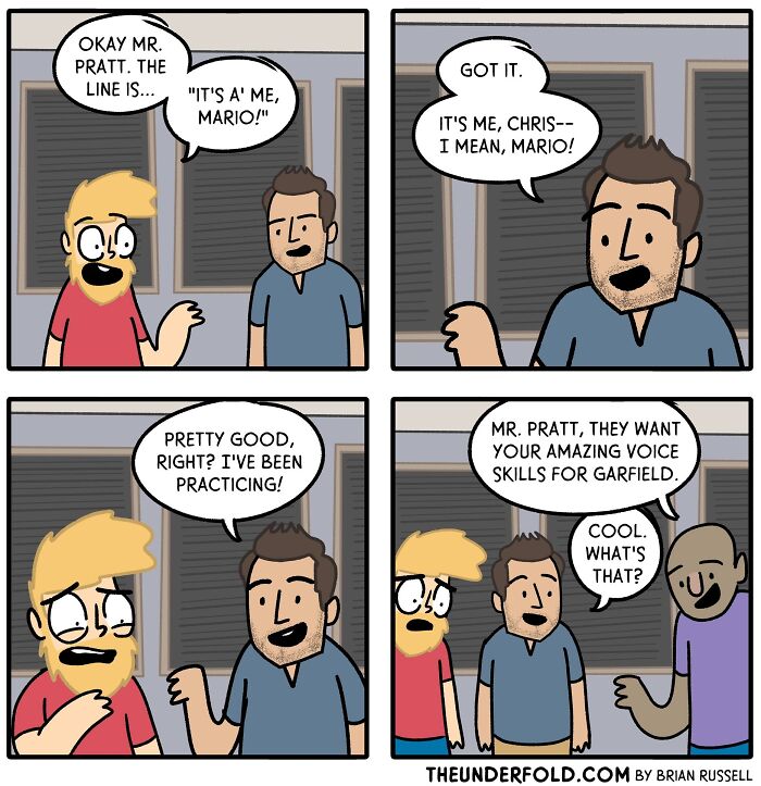 Comic strip featuring a humorous scene with two men practicing a character voice, showcasing real-life-inspired art.