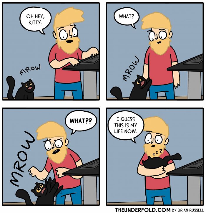 Artist's comic depicts a man surprised by a playful cat, showing relatable real-life-inspired humor.