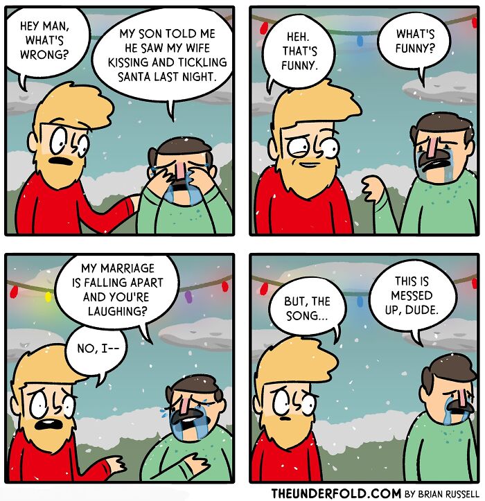 Real-life-inspired comic of two men talking about a wife's funny encounter with Santa, leading to a misunderstanding.