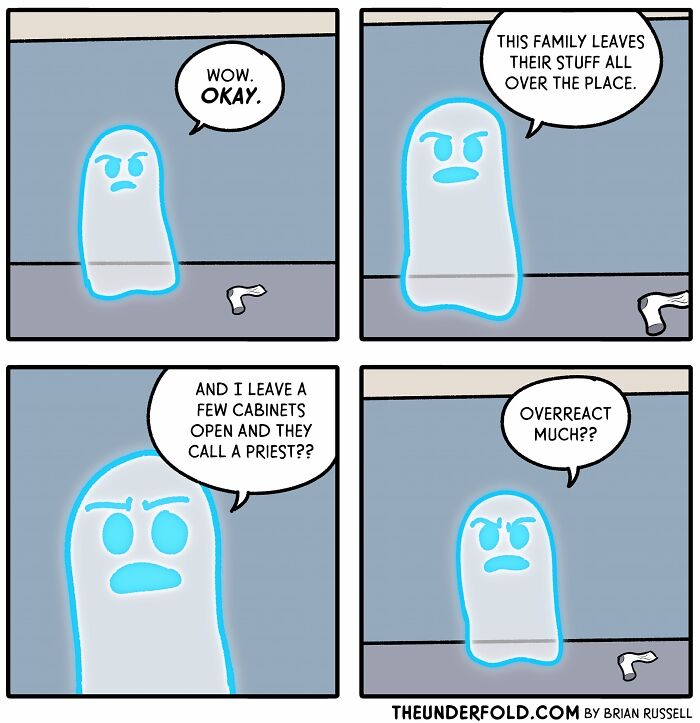 Real-life-inspired comic featuring a frustrated ghost critiquing a family's messiness with humor.