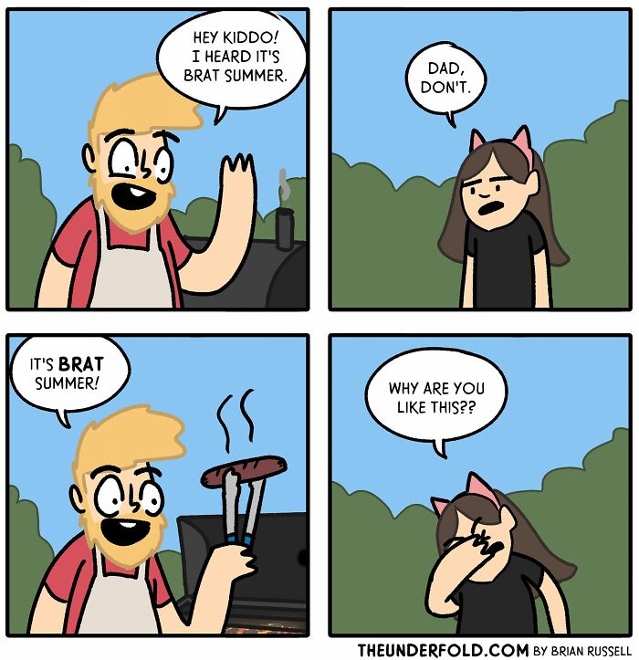 Comic inspired by real life; dad jokes about "brat summer" with daughter facepalming at his humor.