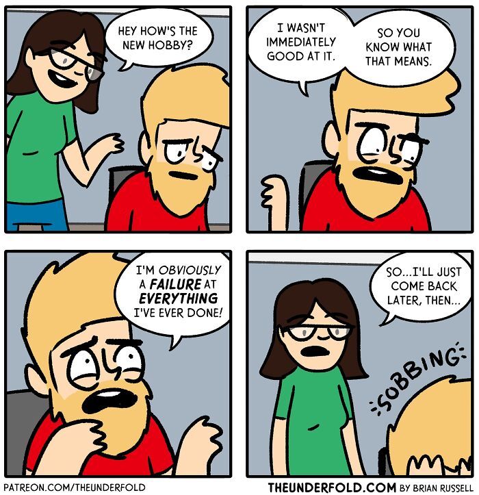 Comic about new hobby struggles; characters display humor and relatable feelings of failure.