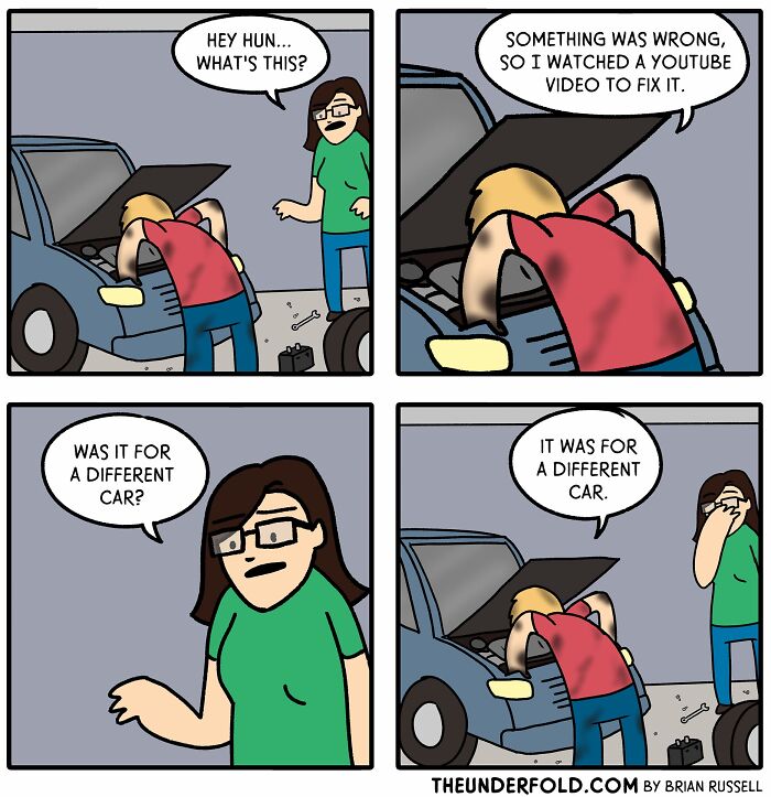 Comic inspired by real life showing a humorous car repair attempt after watching a YouTube video.