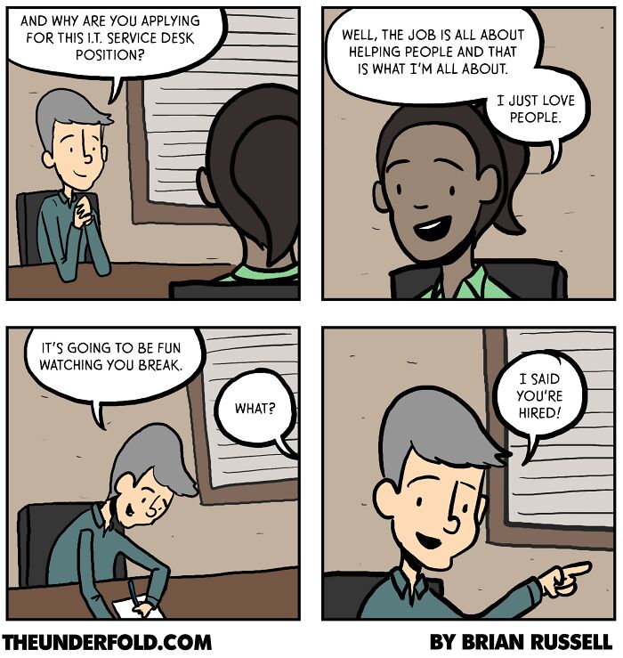 Comic panel depicting a humorous I.T. service desk interview interaction.