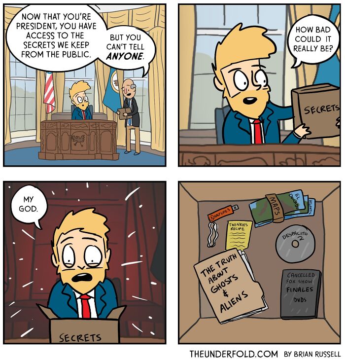Comic depicting a new president shocked by secret files including "Ghosts & Aliens" and other humorous revelations.