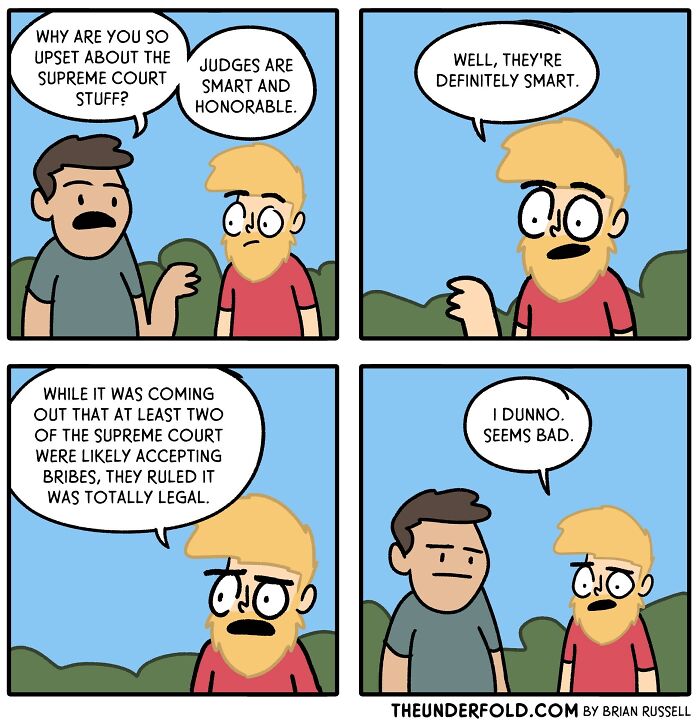 Two characters in a comic discussing bribery and trust in the Supreme Court. Real-life-inspired comic by an artist.