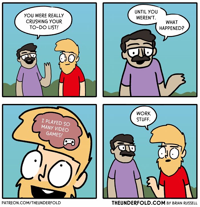 Comic about procrastination with a character admitting to playing video games instead of working.