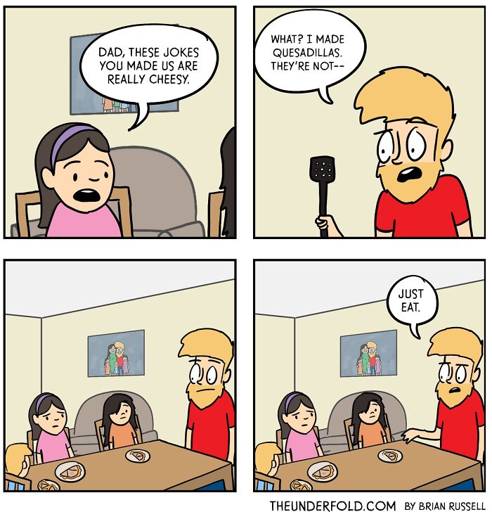 Dad and kids at dining table with cheesy jokes about quesadillas in a real-life-inspired comic strip.