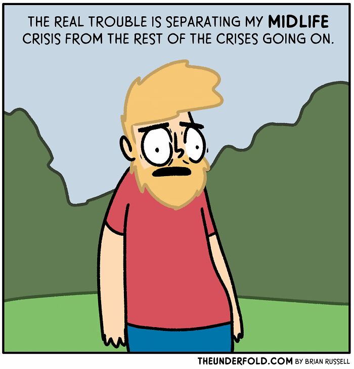 Comic character in a red shirt appears stressed, relating to midlife crisis challenges; part of real-life-inspired comics series.