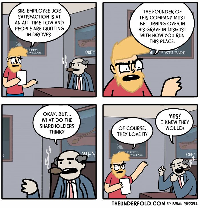 Real-life-inspired comic about job satisfaction and shareholders' opinions in a company meeting.