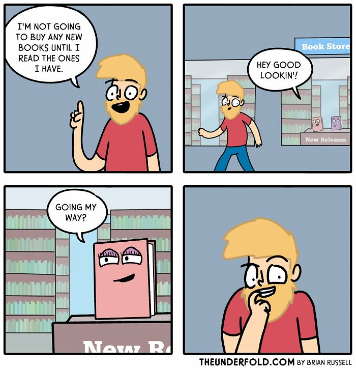 Comic strip of a man in a bookstore, humorously tempted by a talking book, illustrating real-life-inspired dilemmas.