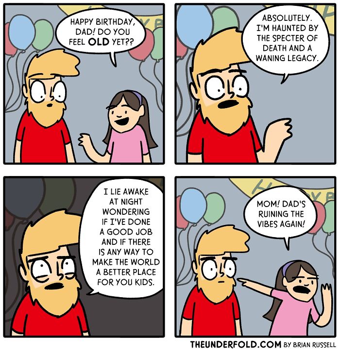 Comic about a dad's birthday, reflecting on life and legacy, with humor from his daughter.