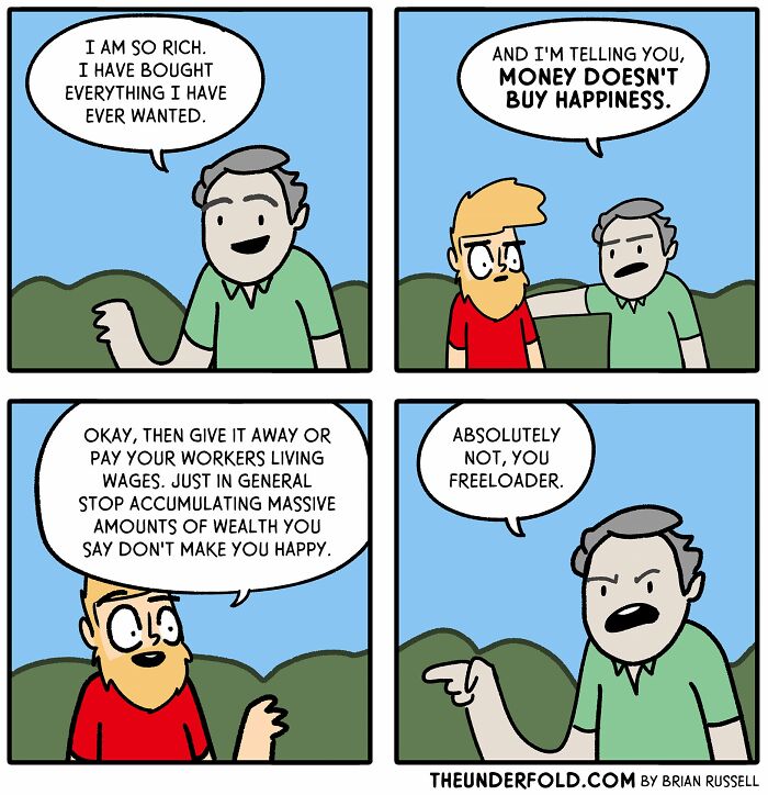 Two characters discussing wealth and happiness in a comic inspired by real life.