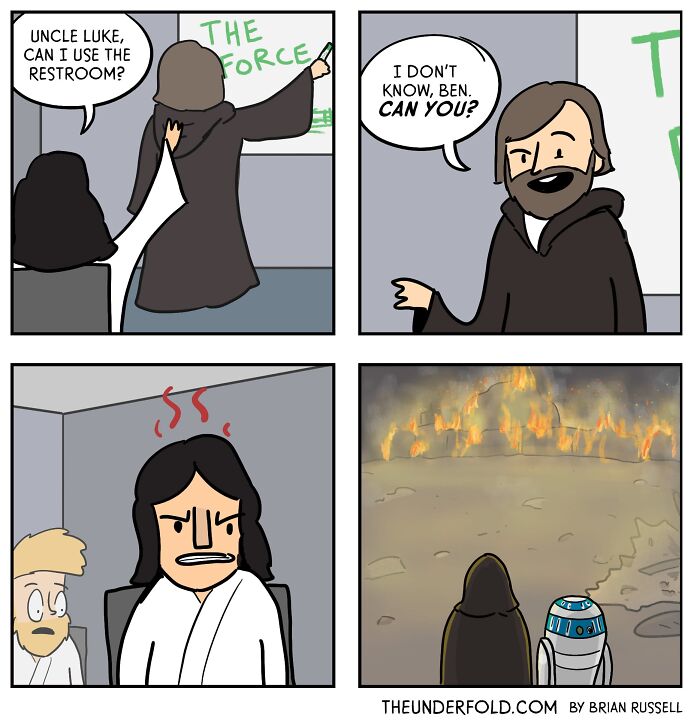 Comic of characters discussing using the restroom, causing frustration and a scene of chaos, inspired by real life.