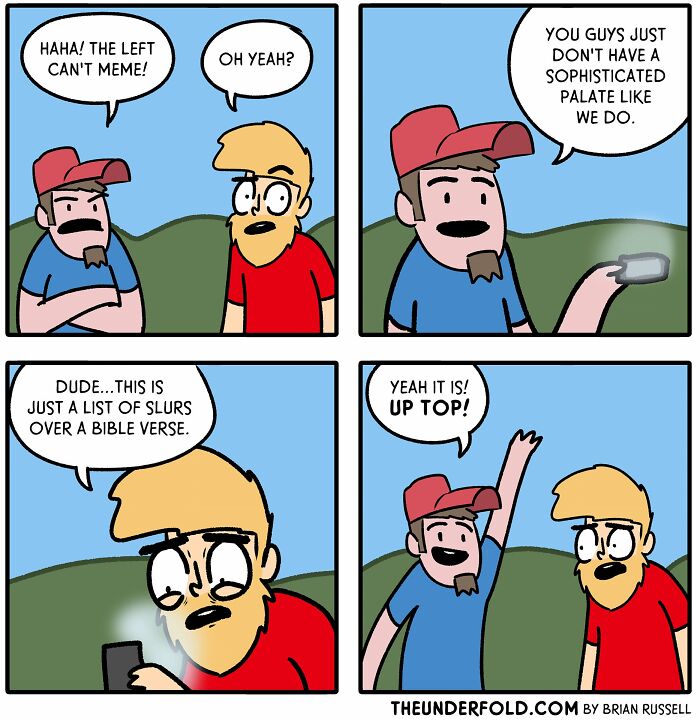 Two cartoon characters debate meme quality on a phone, showcasing real-life-inspired comics humor.