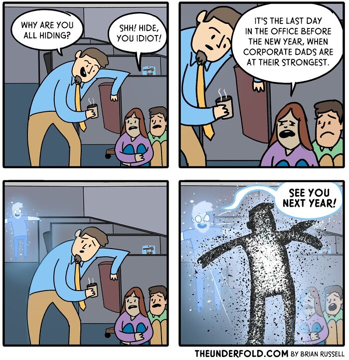 Real-life-inspired comic showing employees hiding from a glowing "corporate dad" on the last office day of the year.