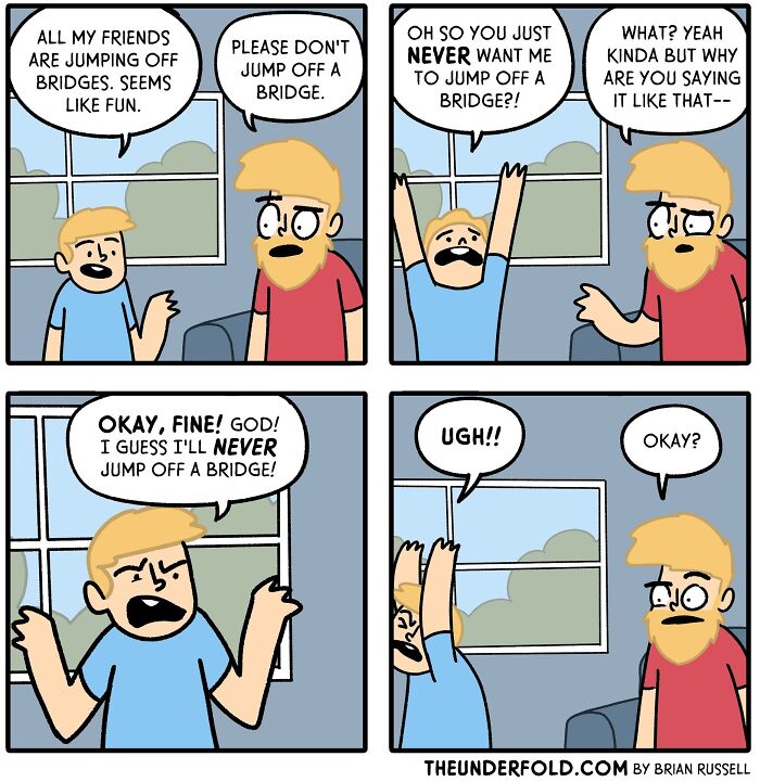 Comic illustration by an artist, depicting a father-son conversation about peer pressure and jumping off a bridge.