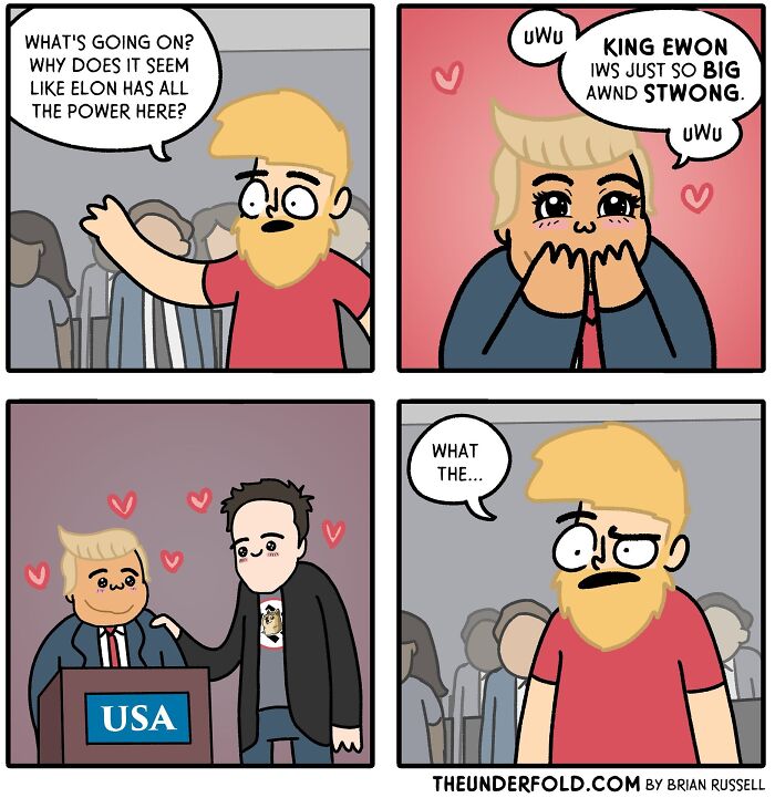 Comic about real-life events featuring a man questioning why Elon holds power, with playful and surprised reactions.