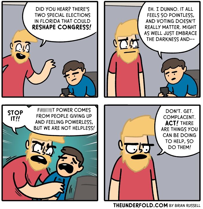 Comic shows two characters discussing elections and the impact of voting.